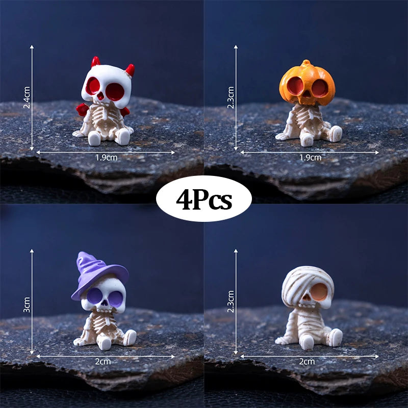 4-Piece Mini Halloween Skeleton Figurines – Spooky Pumpkin & Witch Garden Decor