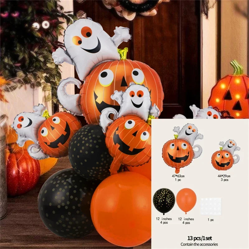 Halloween Balloon Decoration Set – Black & Orange Balloons with Spooky Character Designs