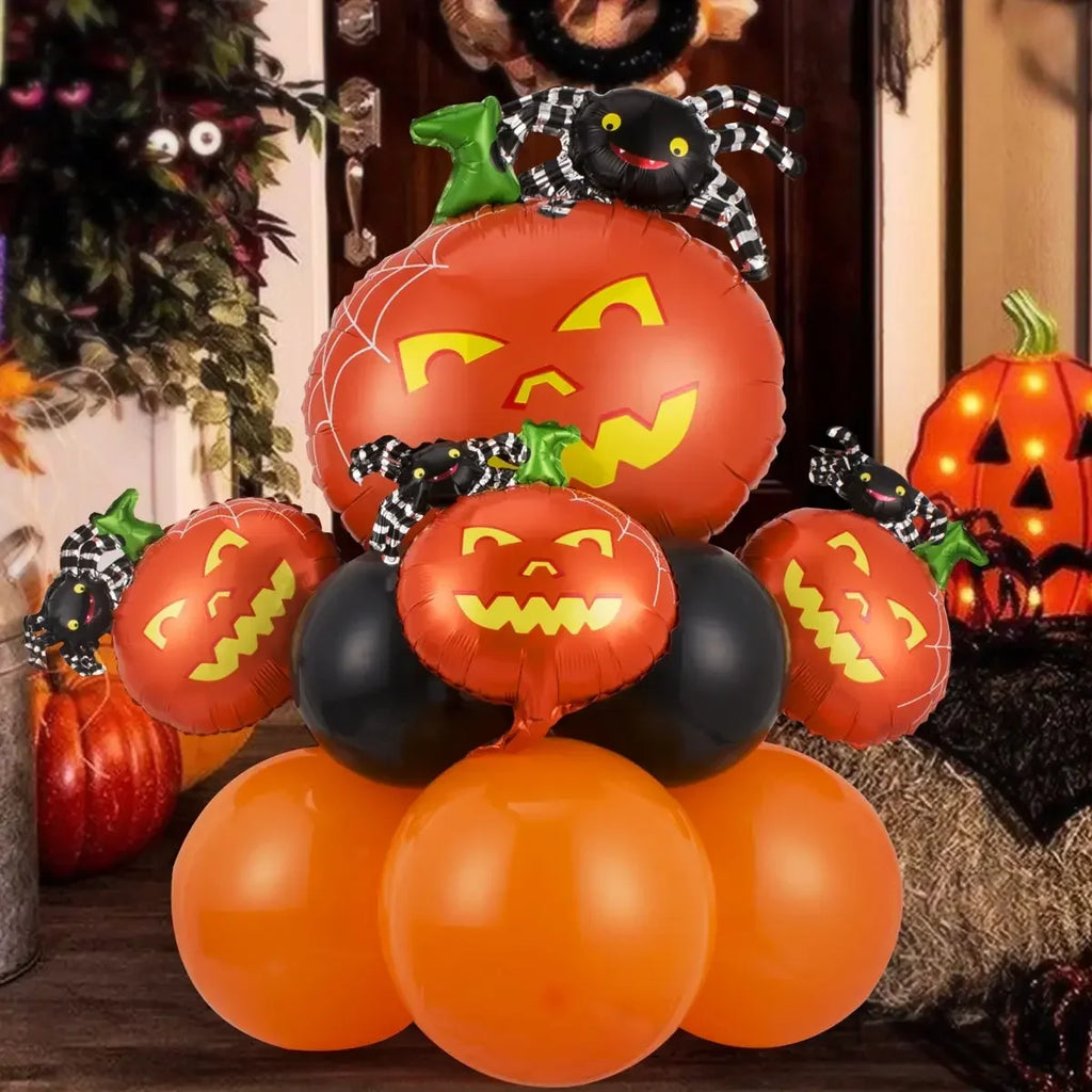 Halloween Balloon Decoration Set – Black & Orange Balloons with Spooky Character Designs