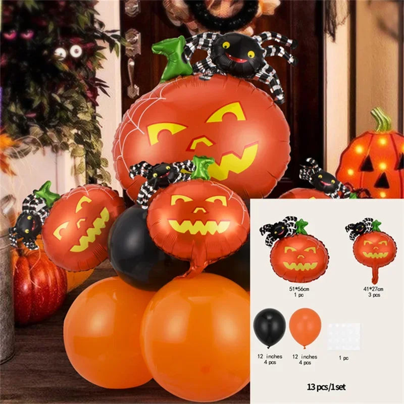 Halloween Balloon Decoration Set – Black & Orange Balloons with Spooky Character Designs