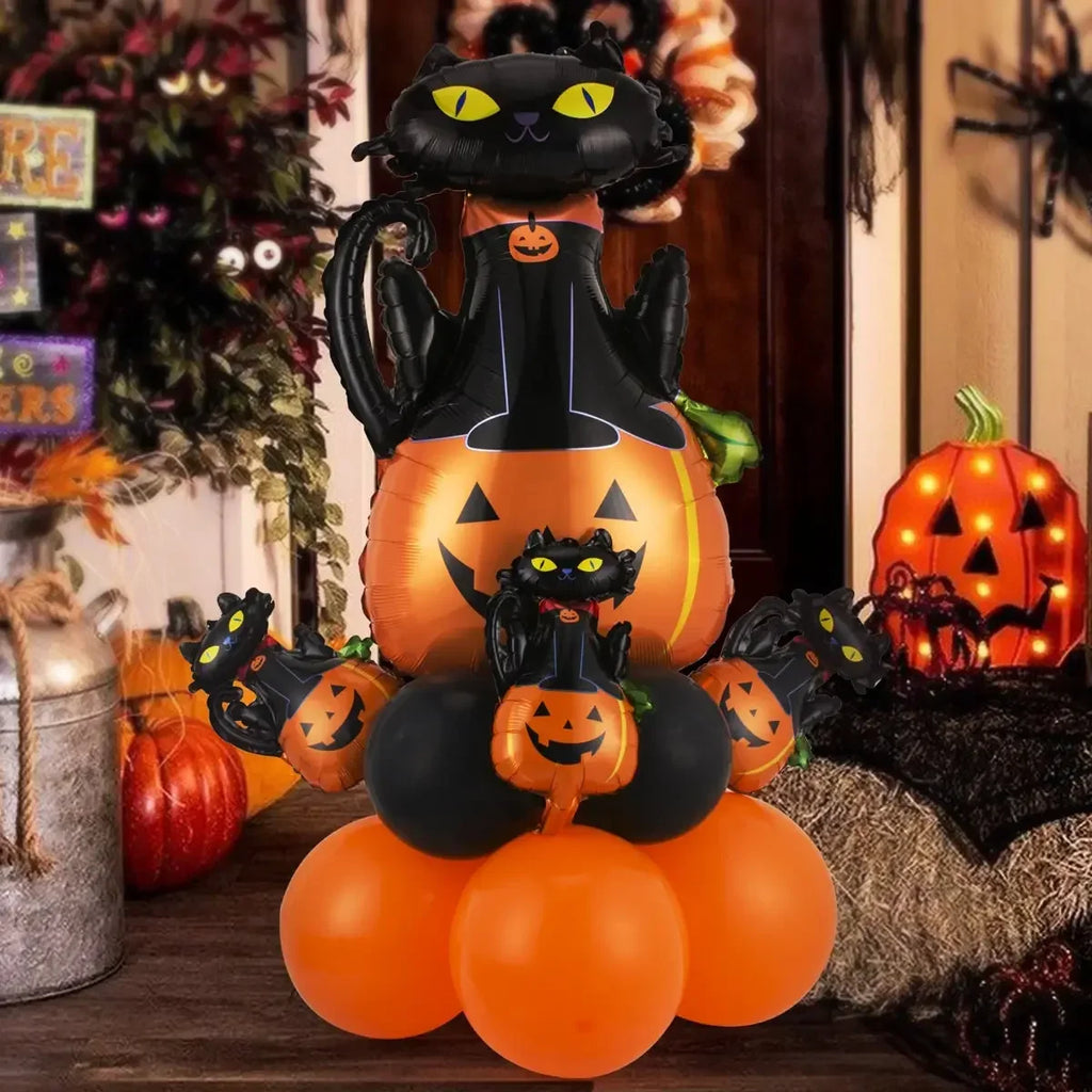 Halloween Balloon Decoration Set – Black & Orange Balloons with Spooky Character Designs