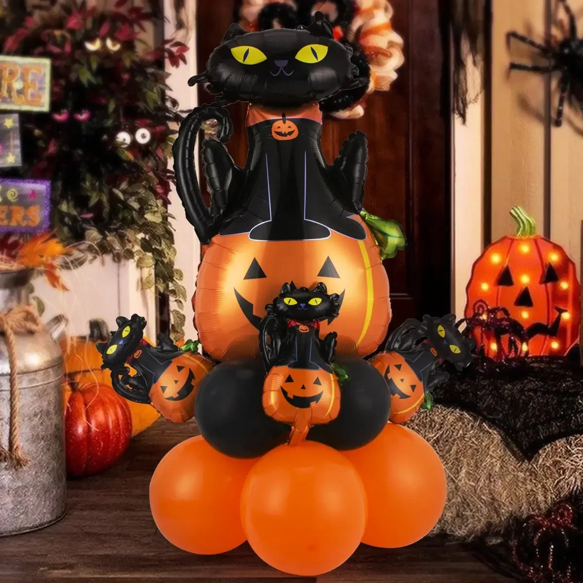 Halloween Balloon Decoration Set – Black & Orange Balloons with Spooky Character Designs