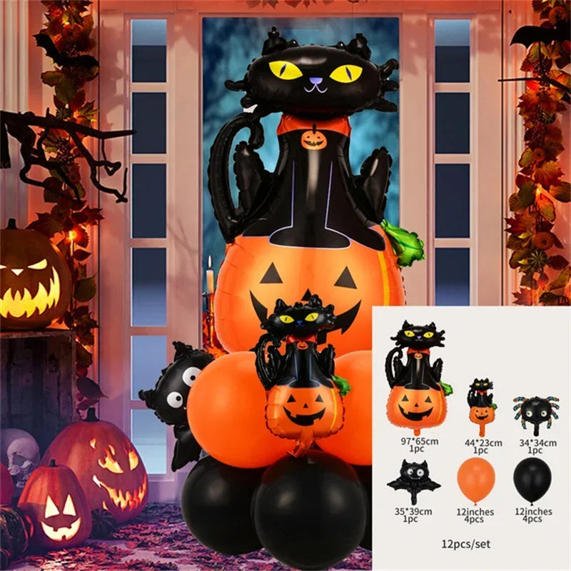 Halloween Balloon Decoration Set – Black & Orange Balloons with Spooky Character Designs