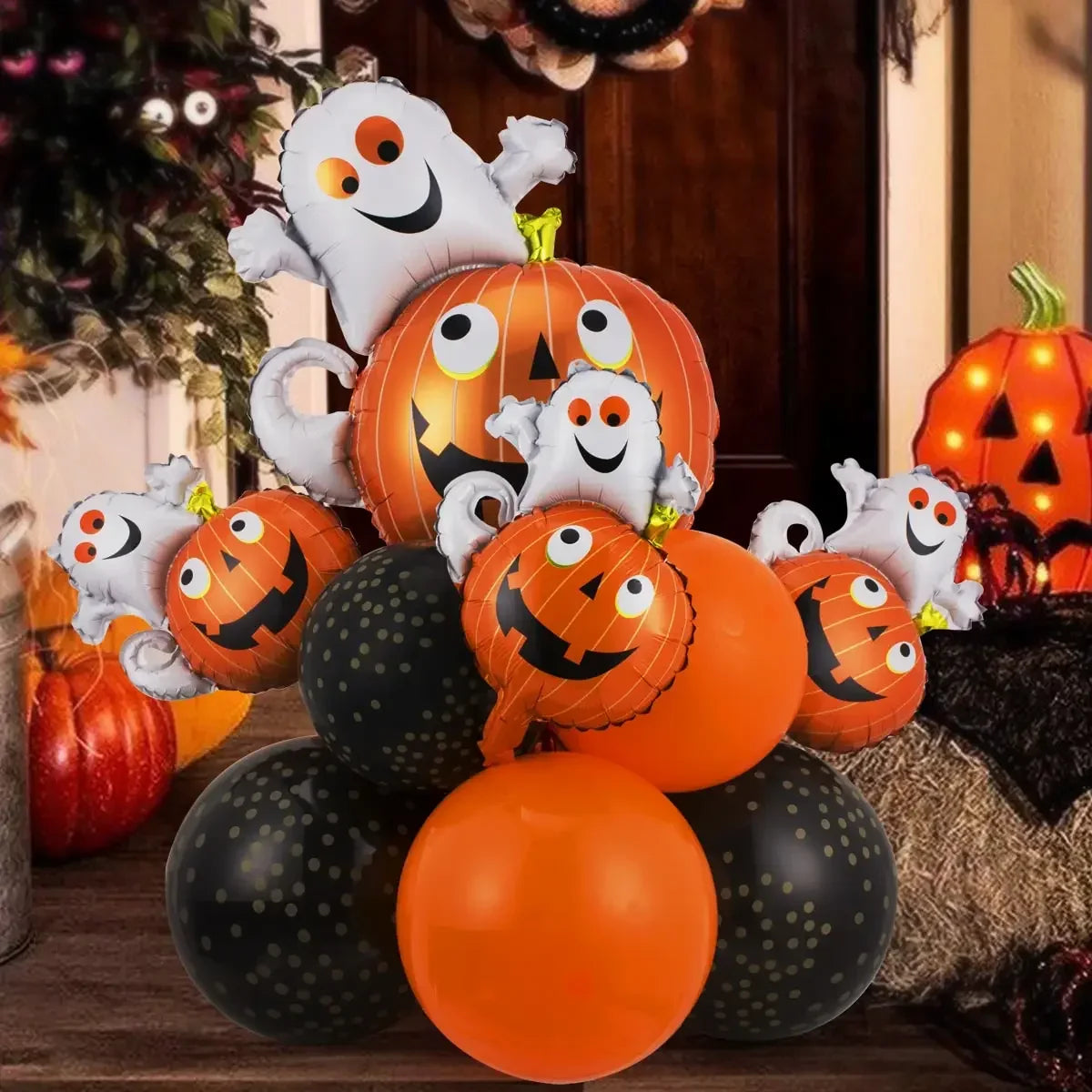 Halloween Balloon Decoration Set – Black & Orange Balloons with Spooky Character Designs