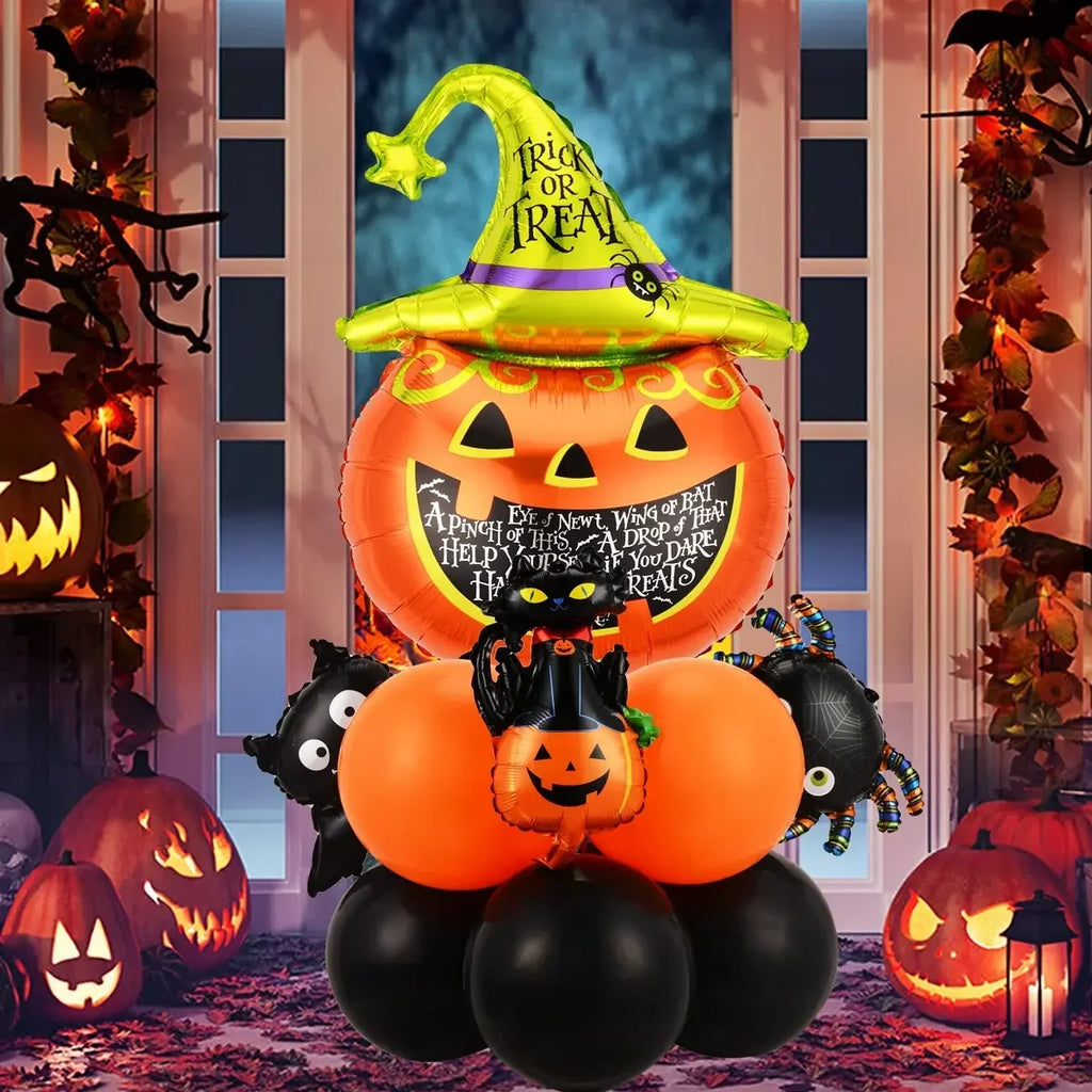 Halloween Balloon Decoration Set – Black & Orange Balloons with Spooky Character Designs