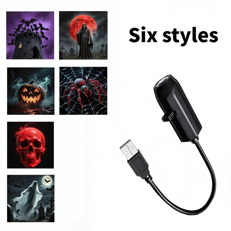 USB Halloween Projector Light – 6-Pattern Skull, Ghost & Bat Projection Lamp