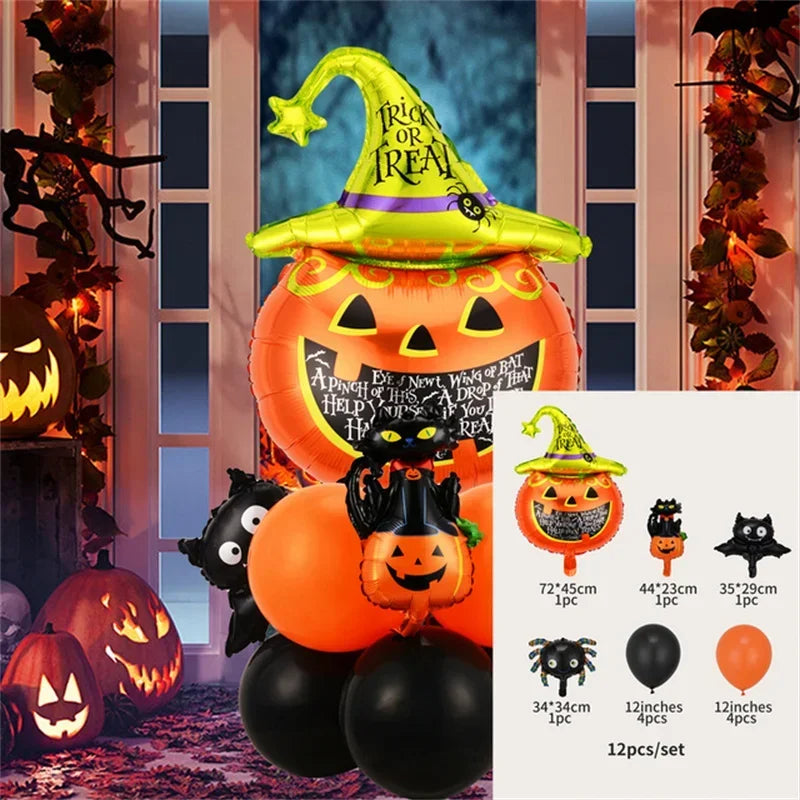 Halloween Balloon Decoration Set – Black & Orange Balloons with Spooky Character Designs