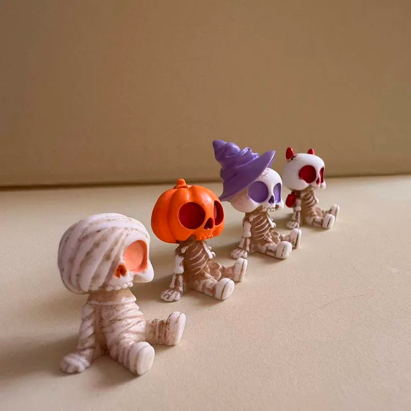 4-Piece Mini Halloween Skeleton Figurines – Spooky Pumpkin & Witch Garden Decor