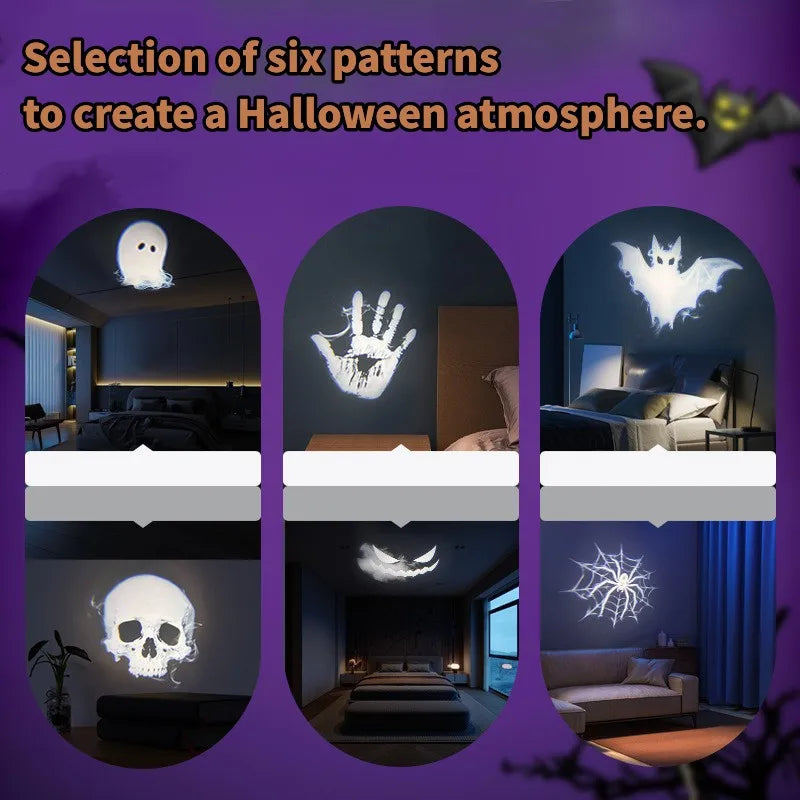 USB Halloween Projector Light – 6-Pattern Skull, Ghost & Bat Projection Lamp