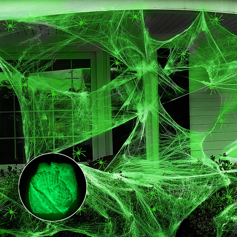Glow-in-the-Dark Halloween Spider Web – Fluorescent Cobweb with Spiders